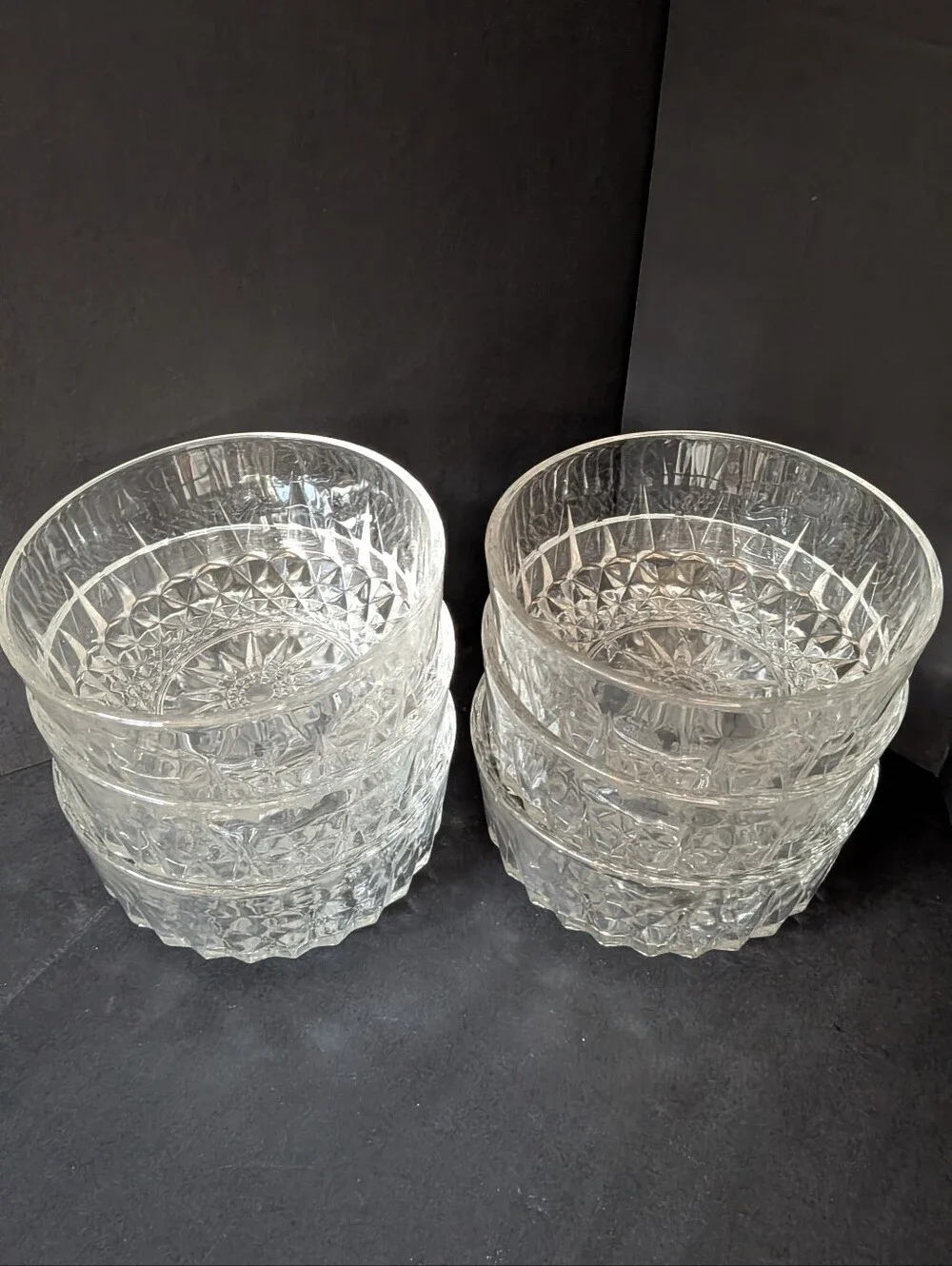 VTG Set Of 6 Arcoroc France Clear Glass Bowls Diamant Design Starburst 4
